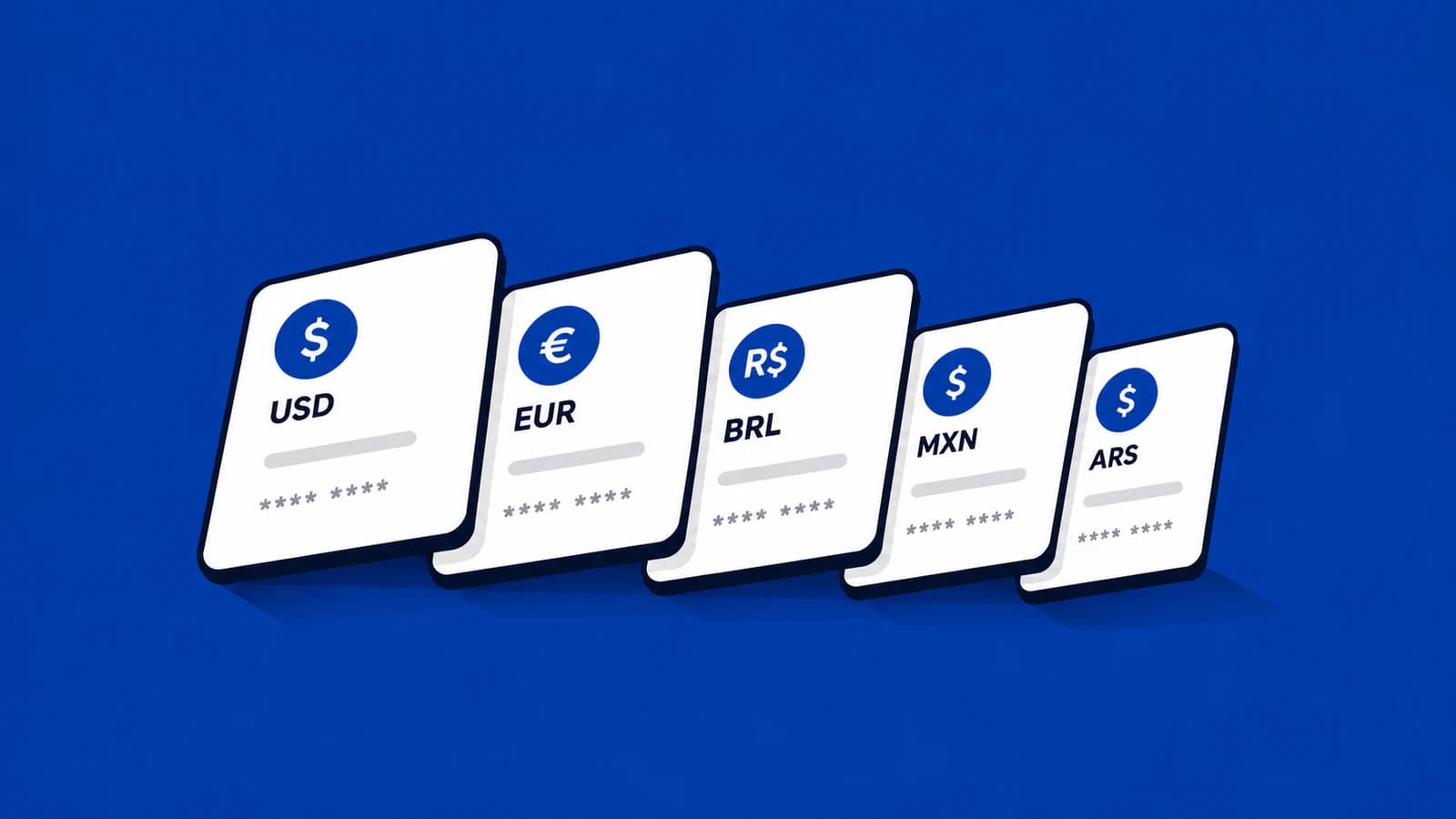 Cinco cartões de contas globais em USD, EUR, BRL, MXN e ARS sobre o fundo azul da TroqPay.