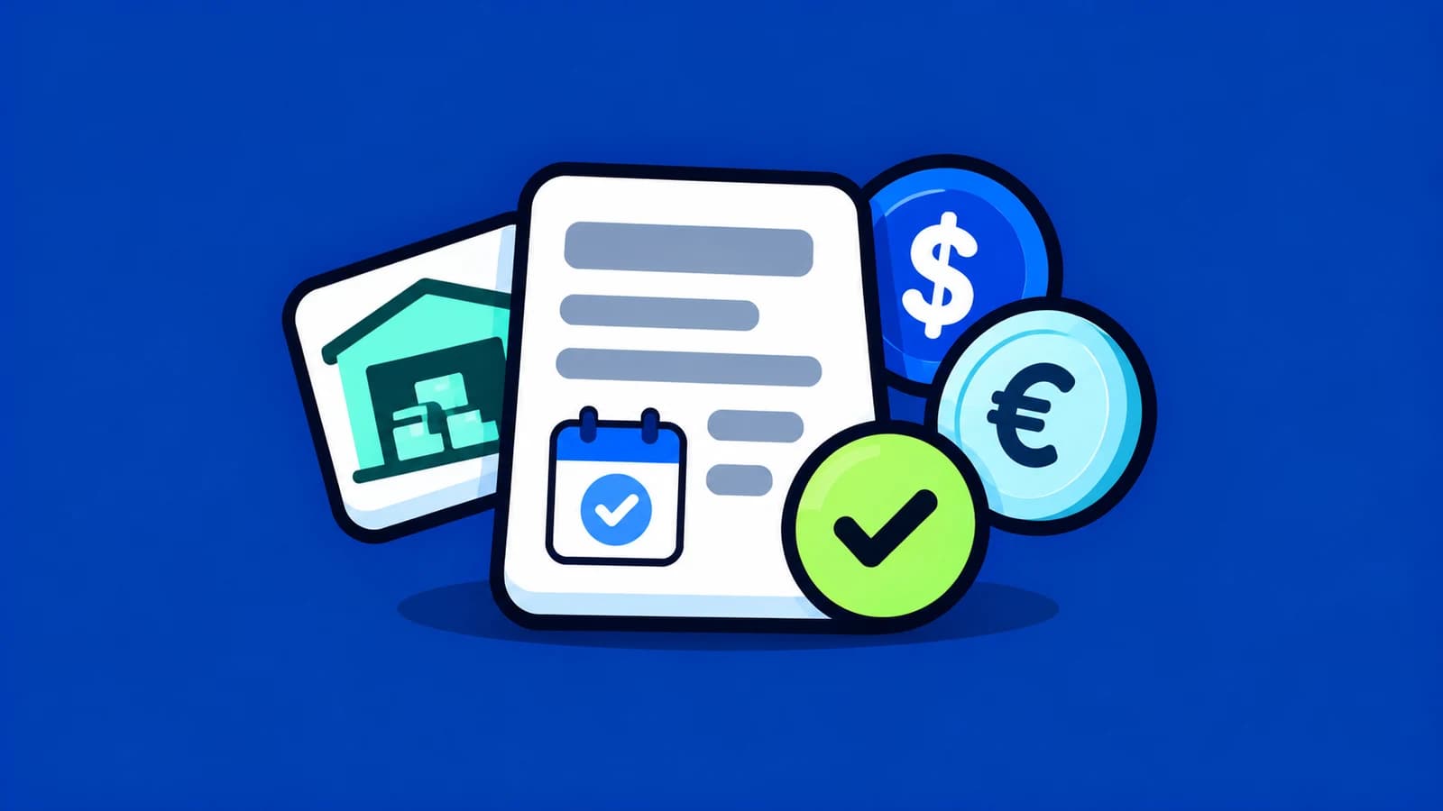 Ilustração editorial com fornecedor, obrigação financeira, moedas internacionais e confirmação de pagamento.