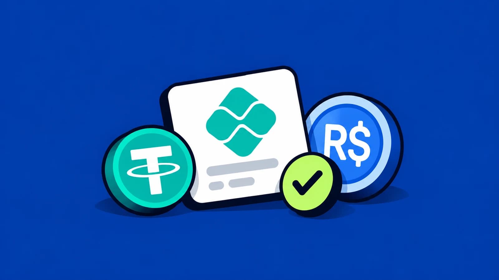 Ilustração editorial com Pix, USDT, real brasileiro e confirmação de pagamento sobre o azul da TroqPay.