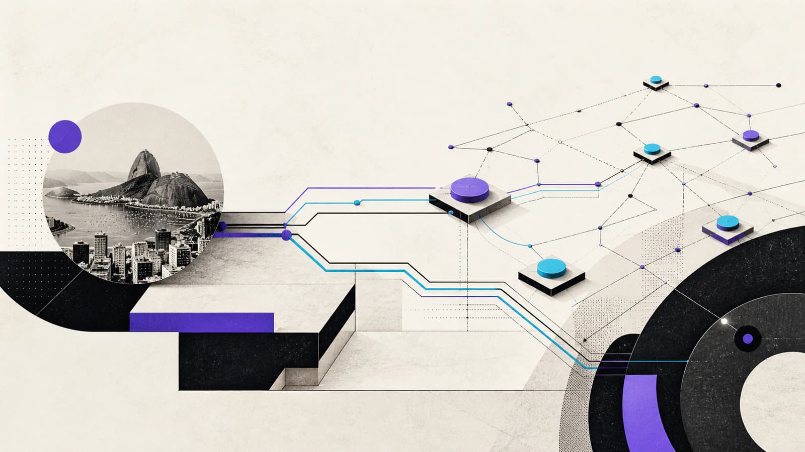 Editorial illustration connecting a Brazilian cityscape to a global payment network.