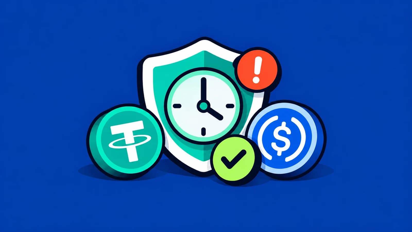 Ilustração editorial com escudo, relógio, alerta e símbolos de USDT e USDC sobre o azul da TroqPay.