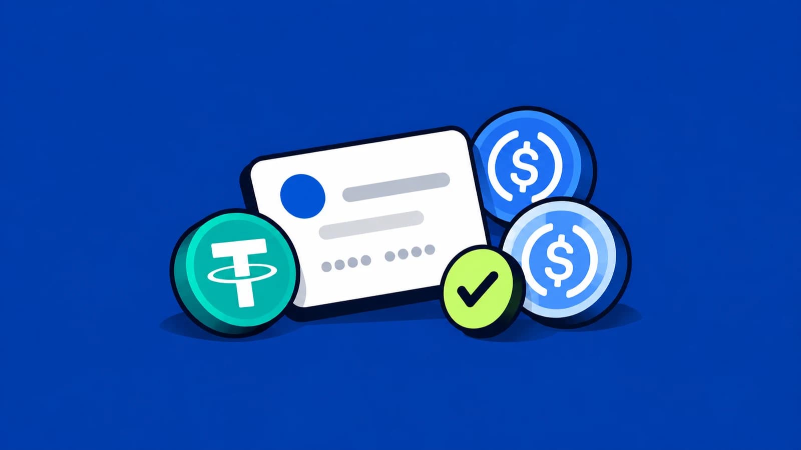 Ilustração editorial com uma conta empresarial e símbolos de USDT e USDC sobre o azul da TroqPay.