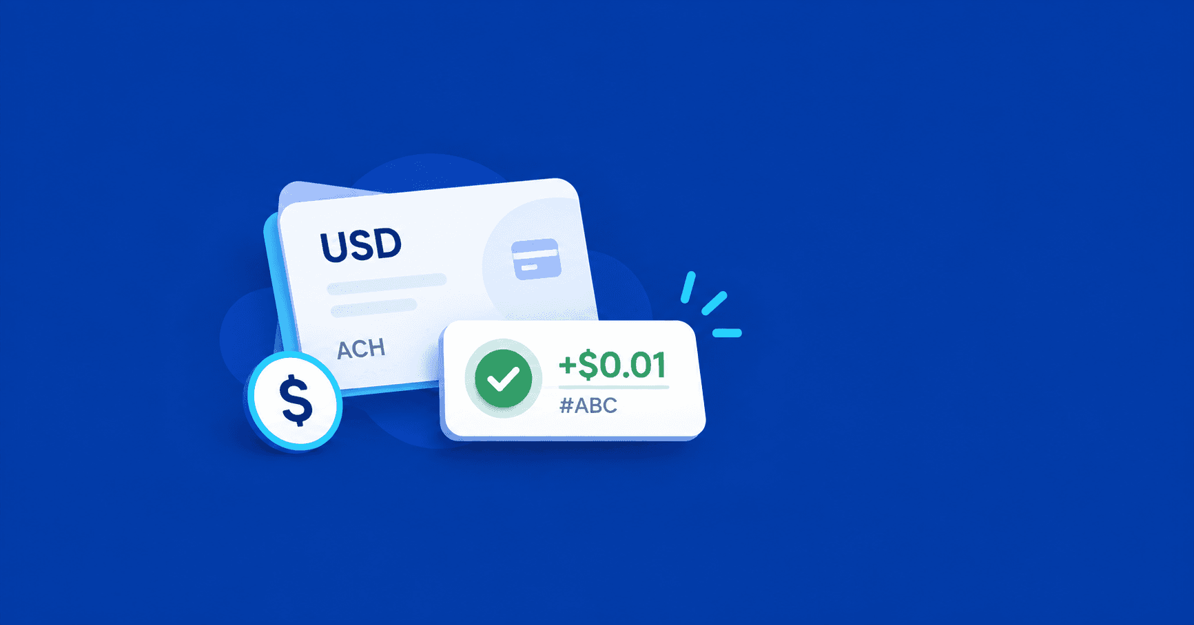 A USD virtual account displays a $0.01 microdeposit, a verification code and a confirmation on TroqPay blue.